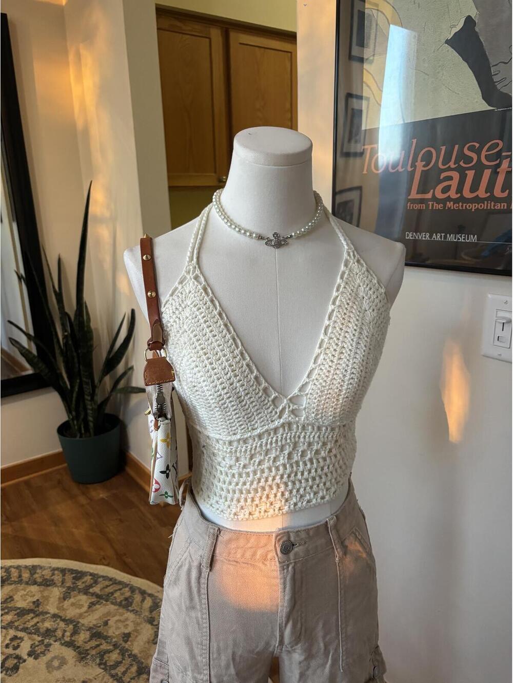 Boho Crochet Halter Top Cream Open Back Knit Festival Beach Top